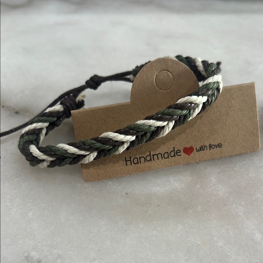 Handmade Braided Bracelet - Green, Black, White